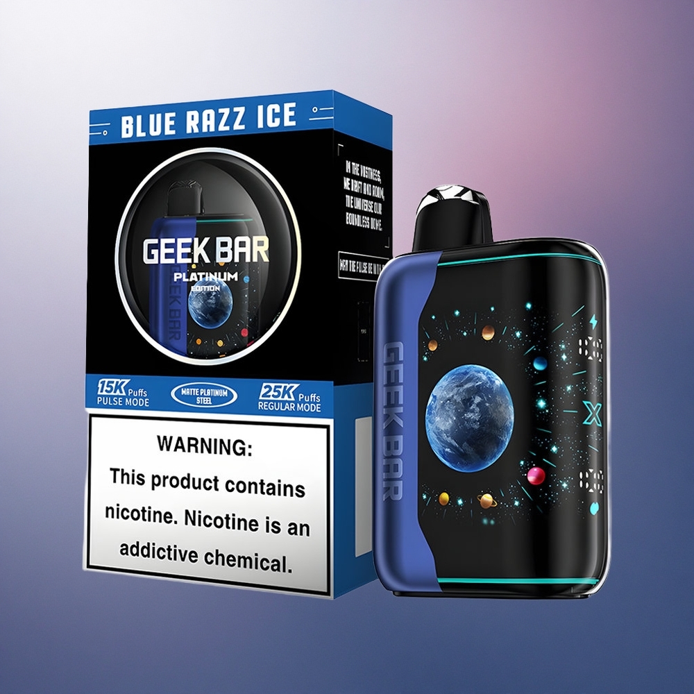 GEEK BAR Platinum Edition 25000 Puffs Glace Framboise Bleue avec 2% de nicotine et finition acier platine mat